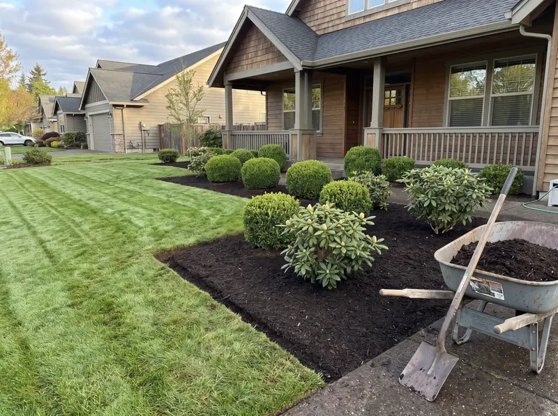 Freshly edged planting bed with dark bark mulch in front of a Salem home