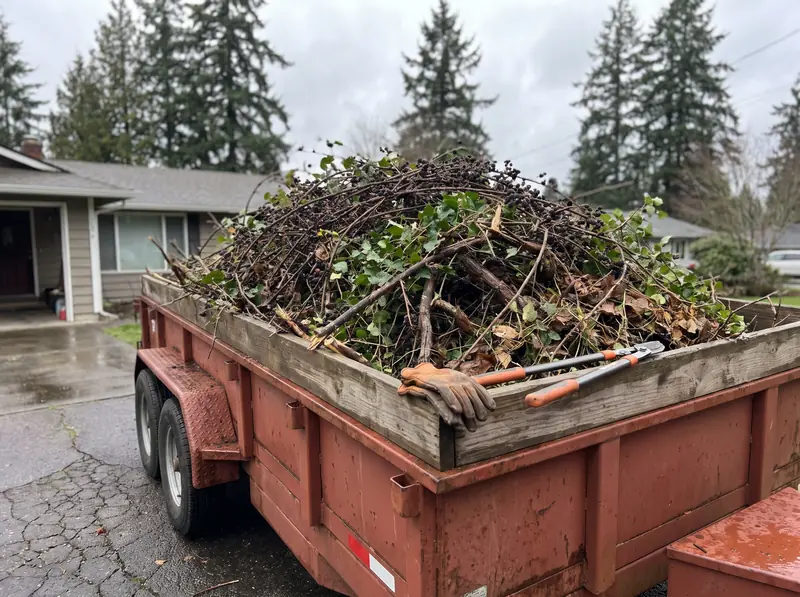 Trailer loaded with cut blackberry vines and English ivy from a Salem backyard