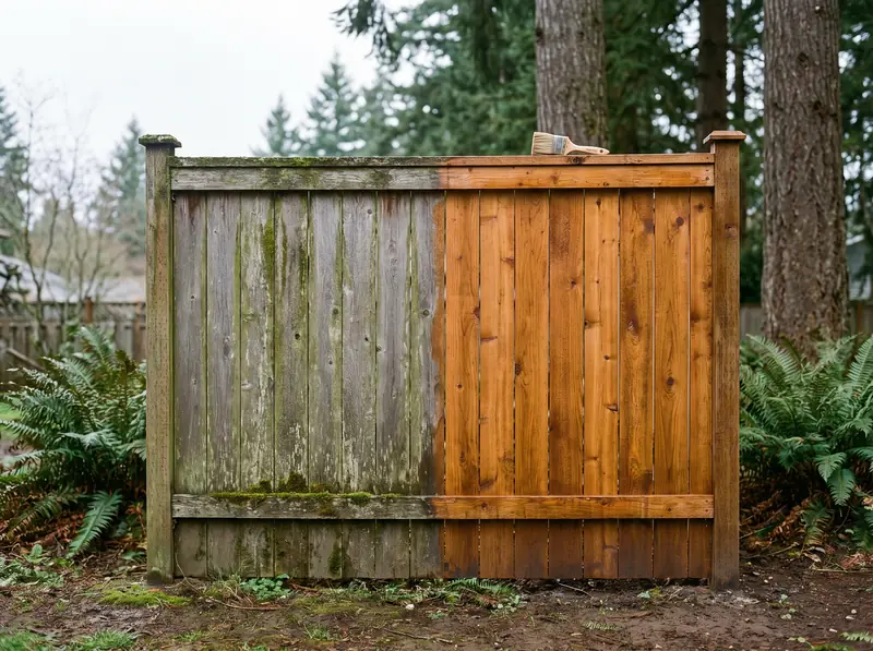 Cedar fence panel half grey and mossy, half freshly cleaned and stained