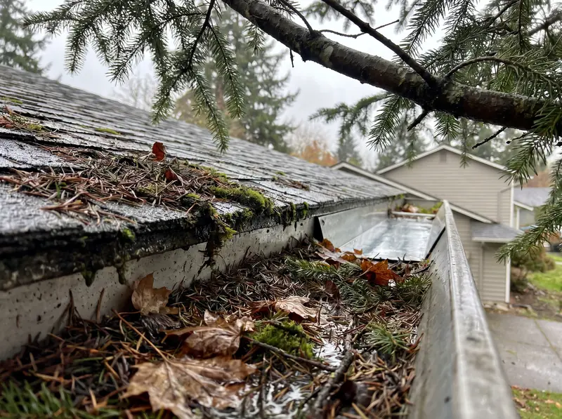 Gutter clogged with fir needles, maple leaves and moss on a Salem home