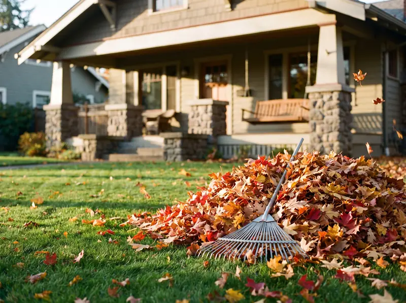 Front lawn in the Willamette Valley with raked piles of fall leaves