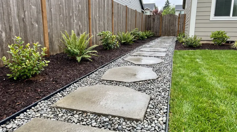 New stepping stone pathway in gravel beside a bark bed in Salem